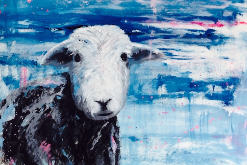 Herdwick sheep against an expressive blue ground — acrylic on canvas