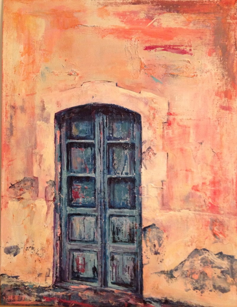 Blue arched door in warm ochre stonework — oil on canvas