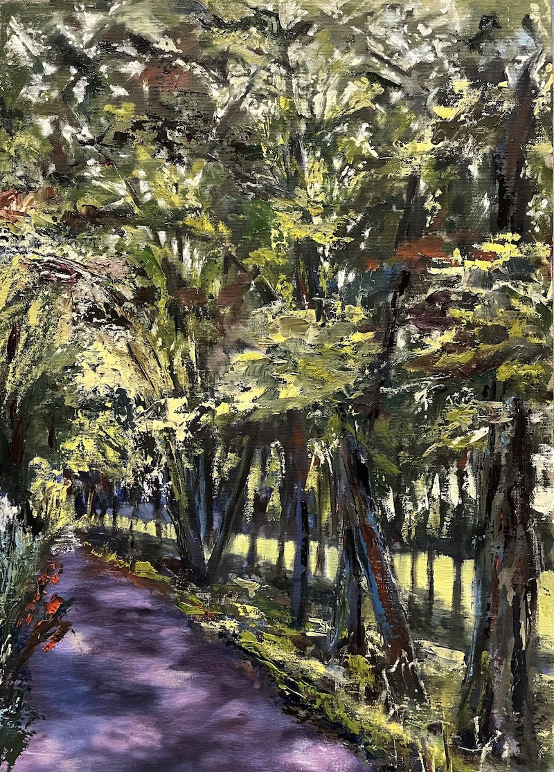 Woodland path in dappled light — oil on canvas