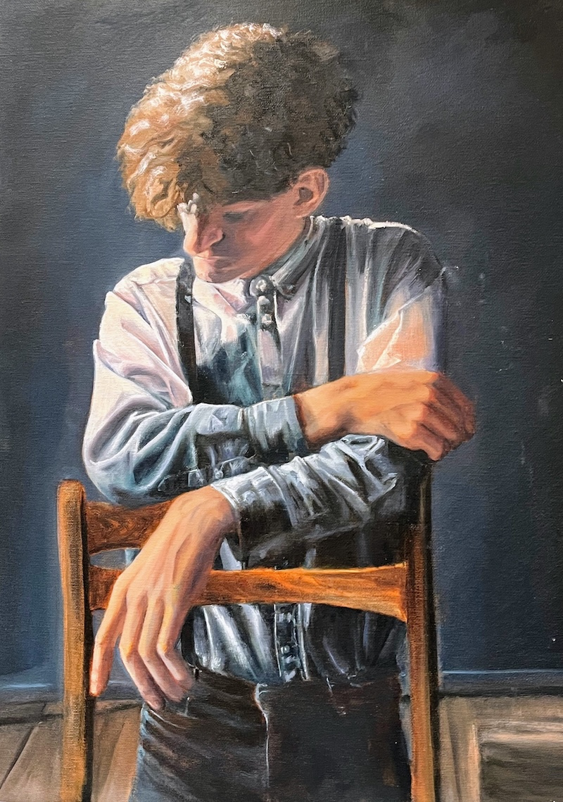 Young man leaning on a chair, lit against dark ground — oil on canvas