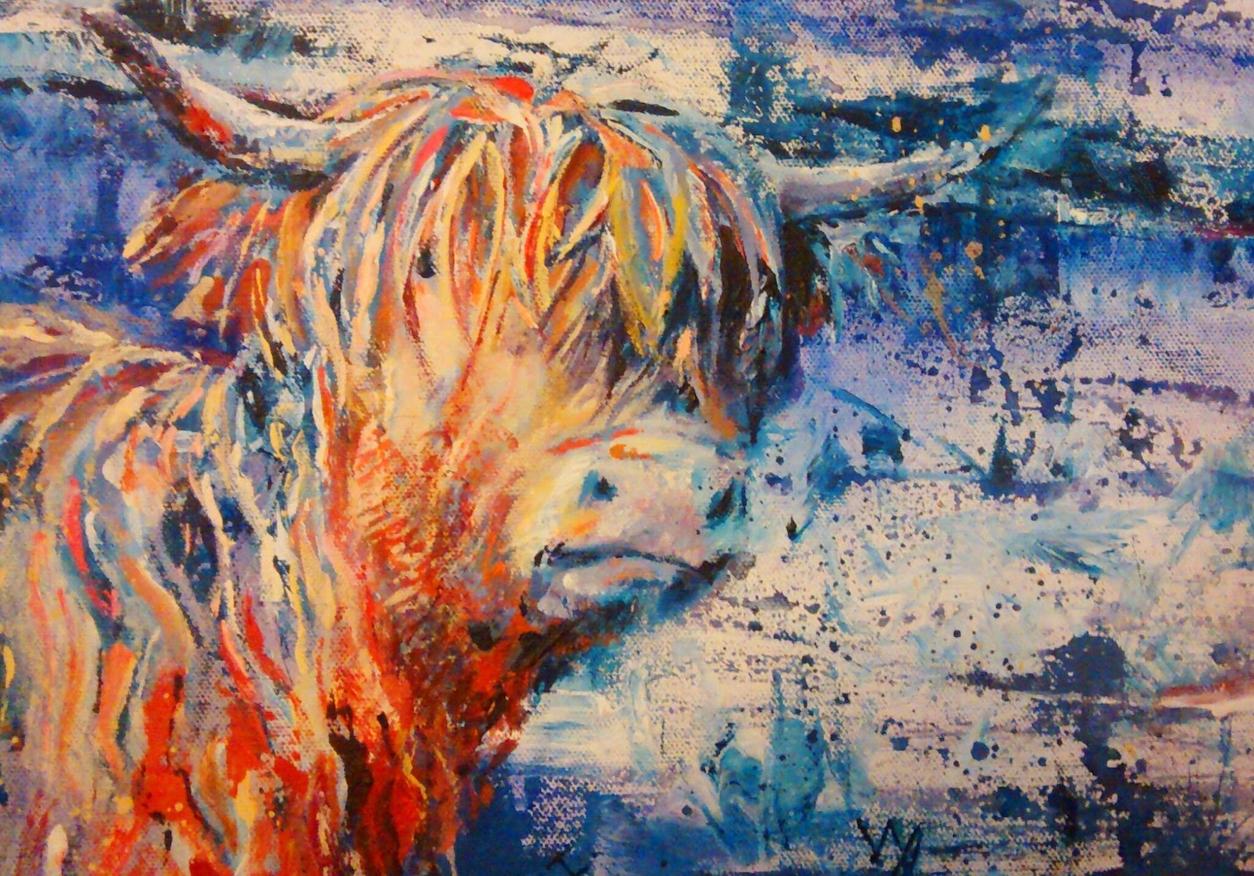 Close study of a Highland cow, painted in bold blues and burnt orange — acrylic on canvas